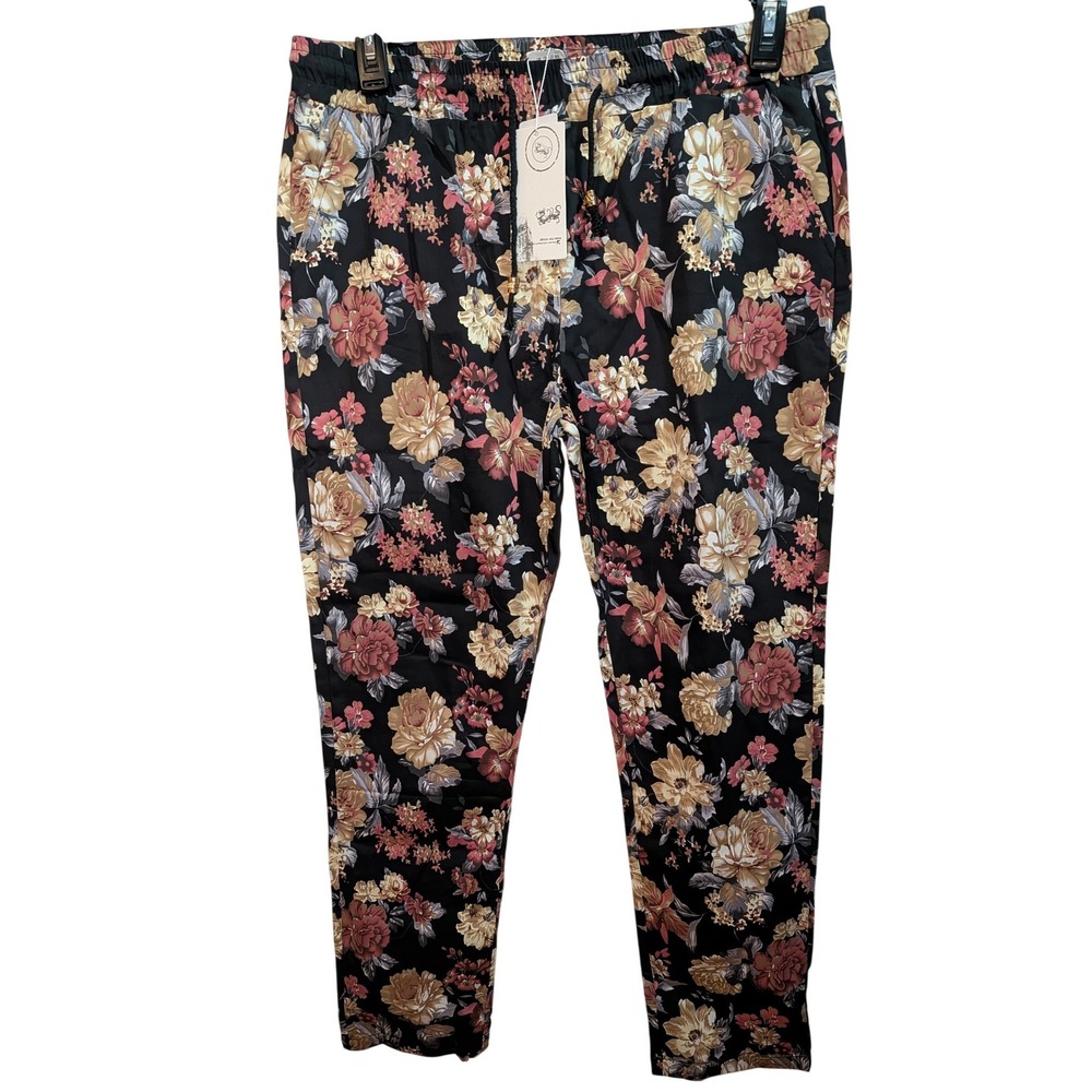 Simply B Womens Floral Jogger Pants‎ Black Gold Burgundy Tapered Trousers NWT